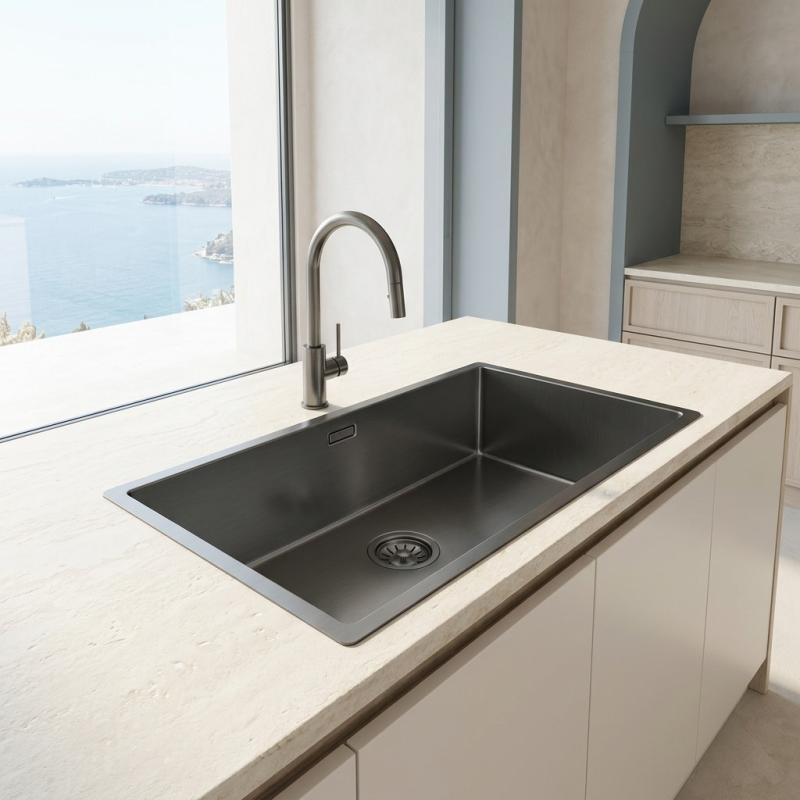 Pure.Sink Comfort grote PVD Gun metal spoelbak 70x40 cm 10mm radius onderbouw, vlakinbouw en opbouw PCM7040-61